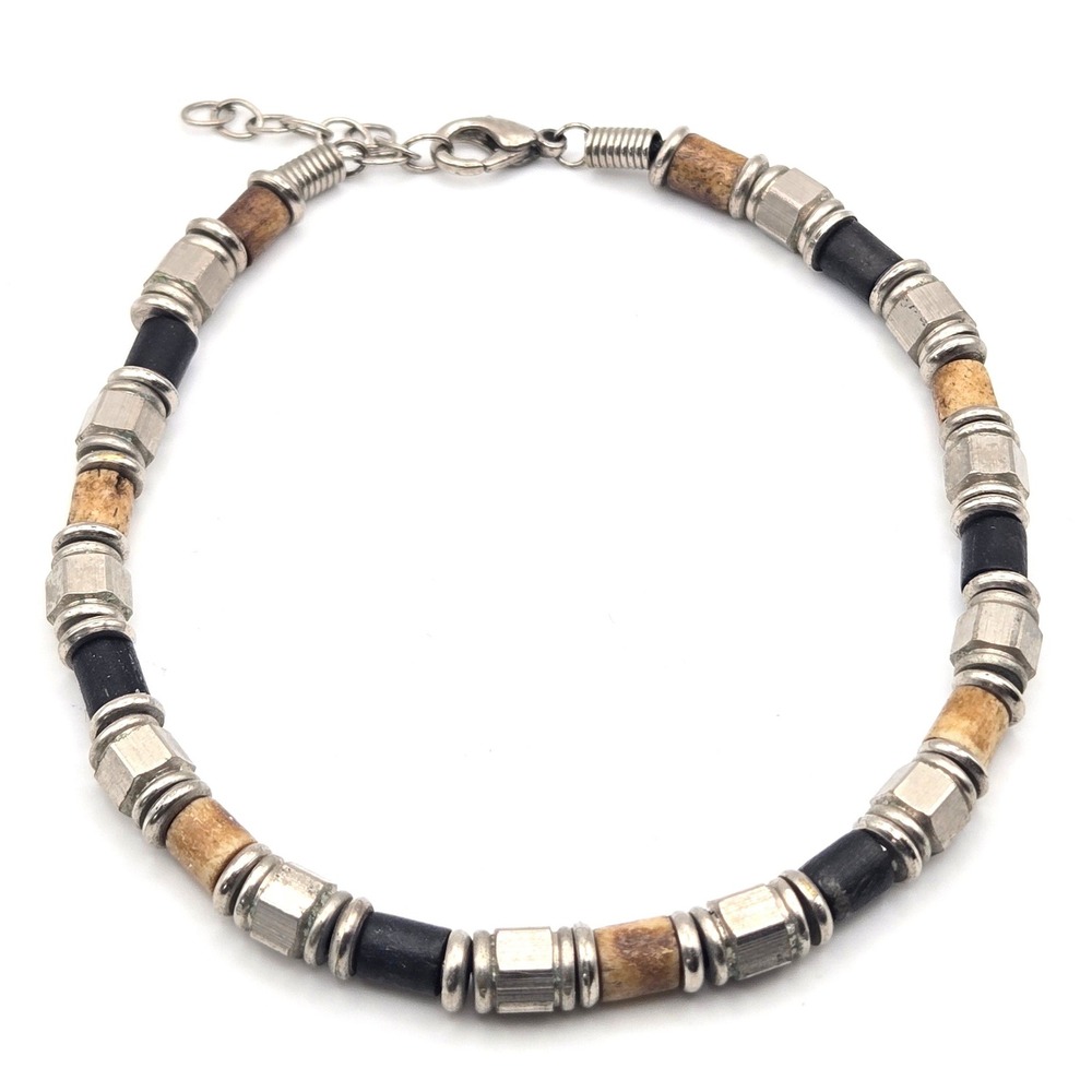 Mens Beaded Bracelet Silver Tone Hex Nut Black Brown Wood Bovine Bone Industrial